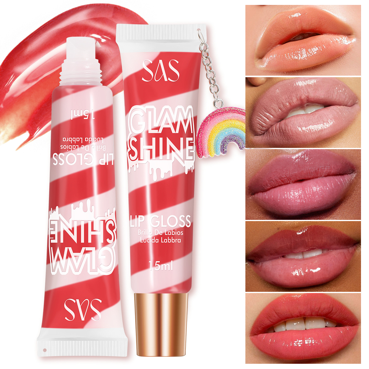 SAS Amazon estilo caliente transfronterizo 6 colores labios rojos de larga duración color esmalte de labios brillo de labios cinturón hidratante colgante de arco iris