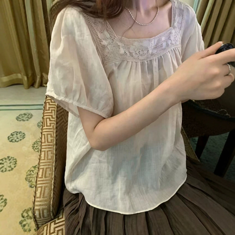 French-Style Ramie Short-Sleeve Shirt 2026 Artistic Gentle Style Lace Embroidery Turn-Down Collar Age-Reducing Versatile Top for Women French-Style Ramie Short-Sleeve Shirt 2026 Artistic Gentle Style Lace Embroidery Turn-Down Collar Age-Reducing Versatile Top for Women