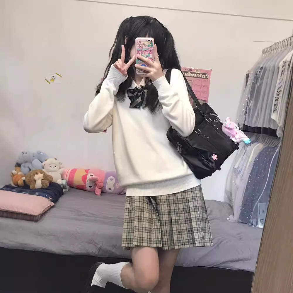 V 넥 풀오버 스웨터 여성 단색 대학 스타일 일본 JK 유니폼 가을과 겨울 스웨터 긴 소매 가을