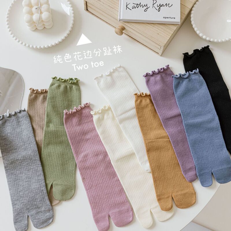 Women's Split-Toe Socks, Mid-Calf Solid Color Lace Socks, Two-Toe Cotton Socks, Japanese-Style Clogs Socks, Split-Finger Casual Socks