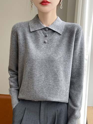 Women's Long-Sleeve Loose Knit Collar Shirt with Age-Defying Polo Collar, Button Accent, Early Autumn Base Layer Top