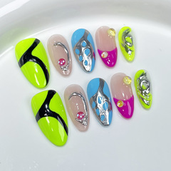 甜酷辣妹歐美杏仁甲ins風浮雕手工穿戴甲批發可重複使用美甲貼片