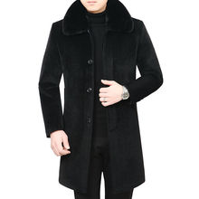 水貂绒呢子大衣男装冬装加绒加厚外套中老年可拆卸毛领加长男外套