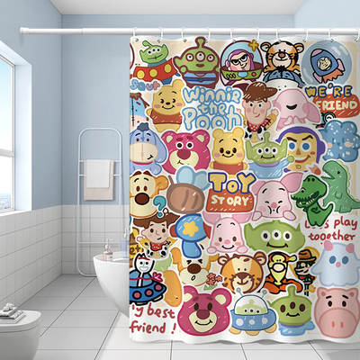 Cute Strawberry Bear Toilet Partition Shower Room Dry and Wet Separation Punch-free Rod Bedroom Curtain Bathroom Waterproof Shower Curtain