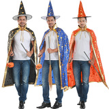 跨境万圣节披风成人舞会演出服装色丁布烫金五星披风套装女巫斗篷