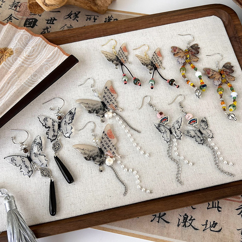 New Chinese style ink painting butterfly tassel earrings, ear hooks, national trend, Chinese style earrings, gentle style earrings