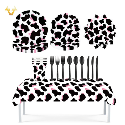New Cow Theme Tableware Set Disposable Paper Plates Paper Cups Paper Towels PE Tablecloth Scene Decorative Supplies