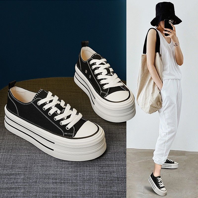 4.5cm低帮帆布鞋女2025春季新款松糕底休闲鞋增高爆款厚底小白鞋