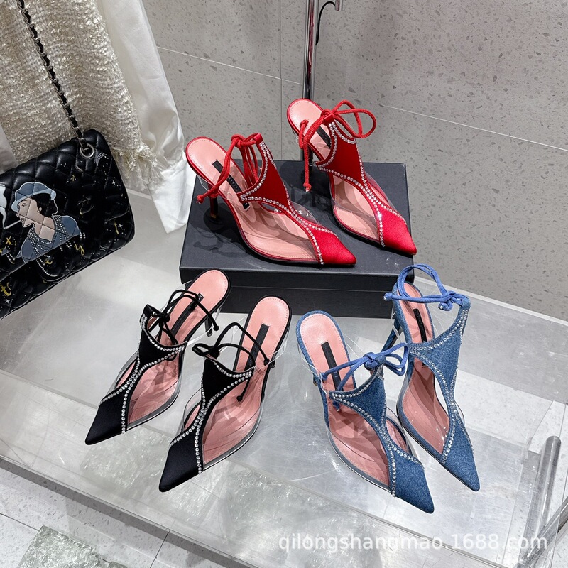 High-end 2025 New Pointed Silk Rhinestone Film Super High Heel Sandals Women's Sexy Thin Heel Baotou Strap Women's Shoes