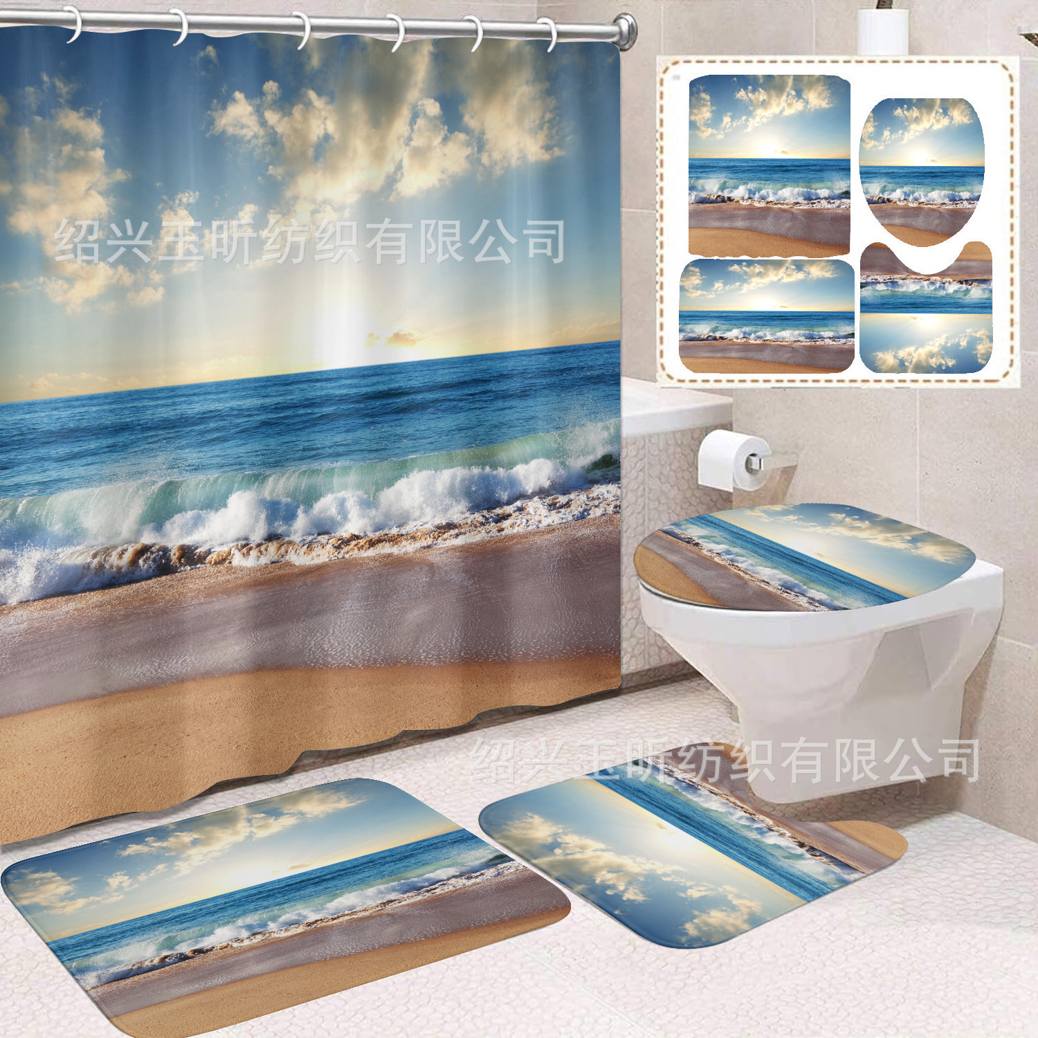 Fábrica directa azul mar de arena impresión digital poliéster tela de baño cortina de baño antimoda cuatro piezas conjunto image 12
