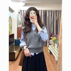 两件套装春秋新款盐系轻熟短款马甲针织背心女穿搭条纹衬衫上衣潮