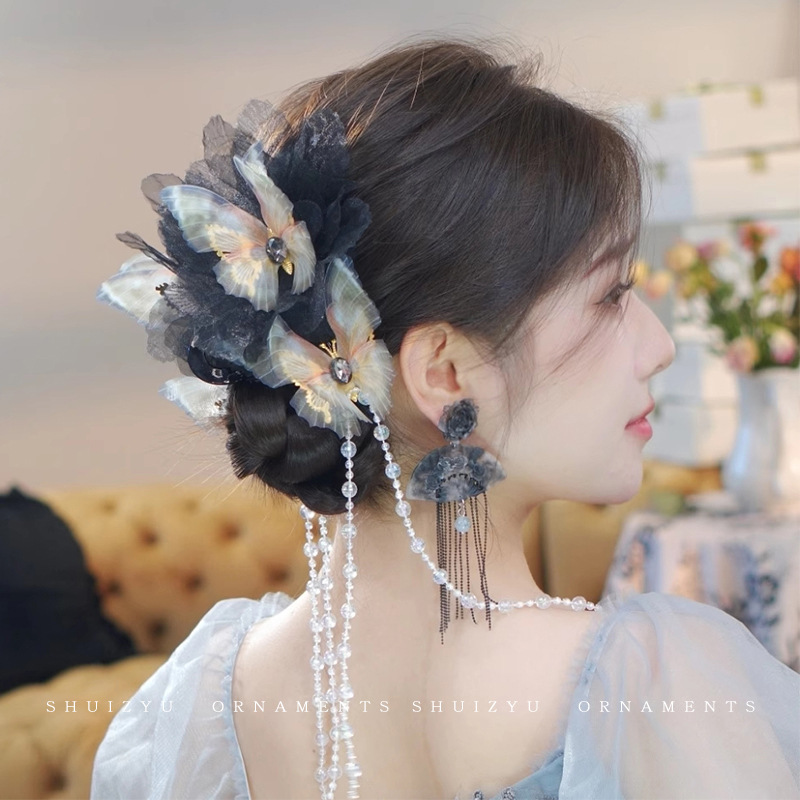 Mariposa bordilla agarrar clip de tiburón estilo antiguo clip de cabello grande más clip de tocado de malla detrás de la cabeza clip de cabello