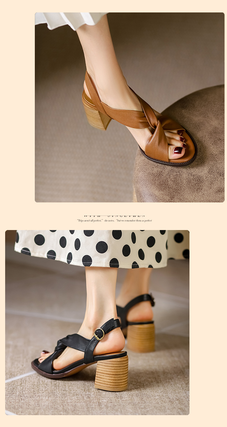 Sandal cao gót nữ da thật hở mũi quai ngang gót dày retro — Màu nâu chi tiết 8