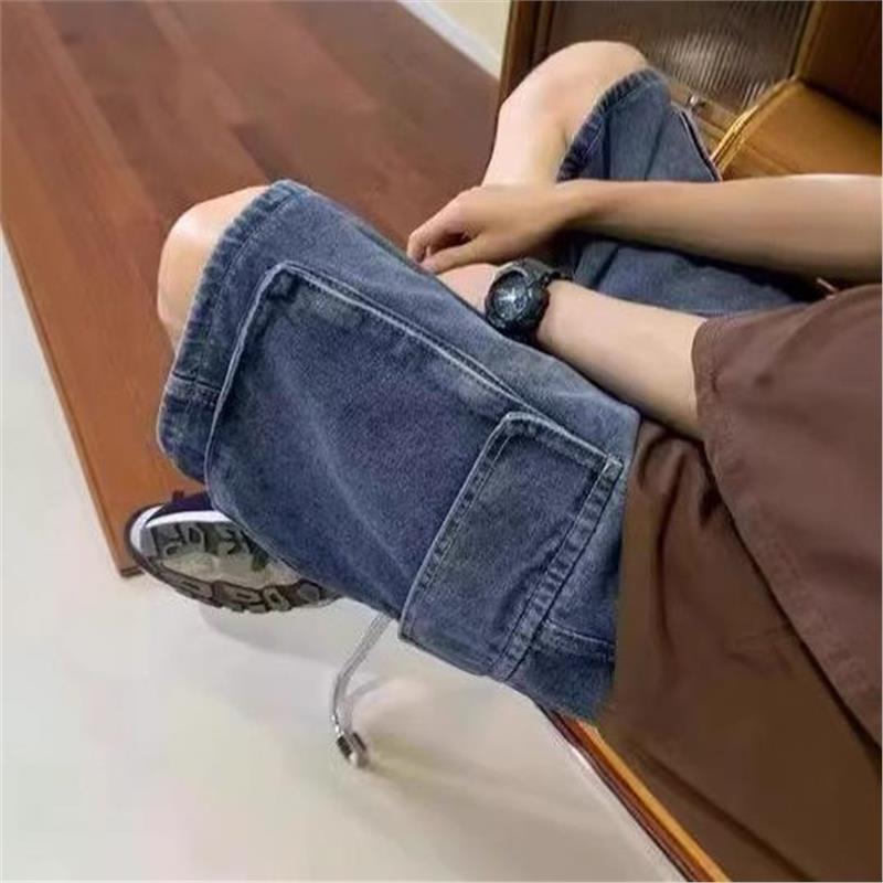 Elastic Waist Cargo Denim Shorts with Large Pockets for Men, Summer Thin Large Size Wide-Leg Knee-Length Shorts, Student Casual Mid-Length Shorts