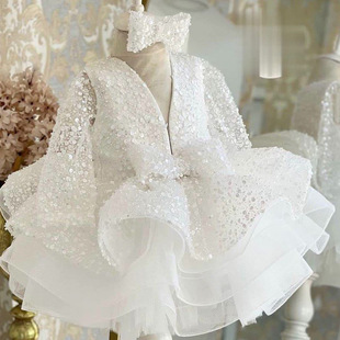 Girls Princess Dress 2025 New White Poncho Veil Dress Host Model Show Children's Dress Cross-border Daifa