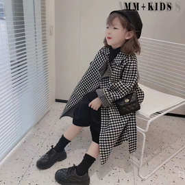 女童韩版尼子大衣春秋中长款毛呢外套加厚时尚网红千鸟格翻领大衣