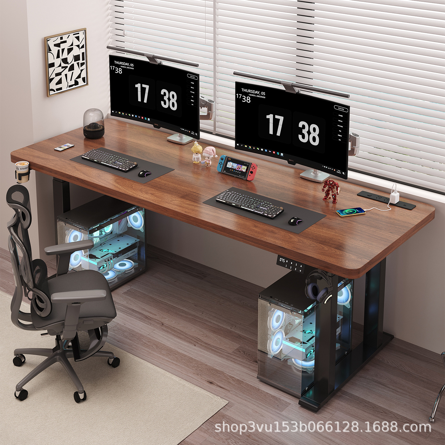 4-Legged 4-Column Solid Wood Automatic Electric Adjustable Table Removable Double E-Sports Computer Table Bracket Home Large Size