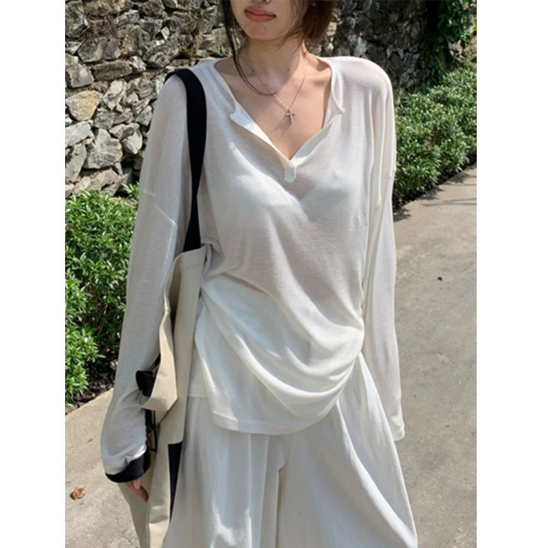 ホットガール日焼け止めブラウス女性の夏 2025 新しい微透けマスク長袖 Tシャツ純粋な欲望アウターレイヤードホワイトトップ|undefined
