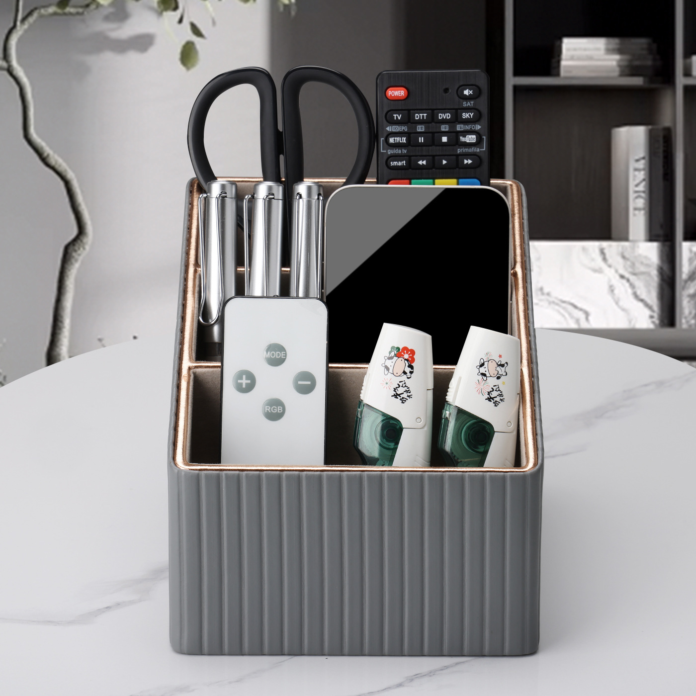 Caja de almacenamiento nórdica patrón de mármol caja de almacenamiento de papelería de escritorio caja de organización de control remoto titular de la pluma de cuero multifuncional