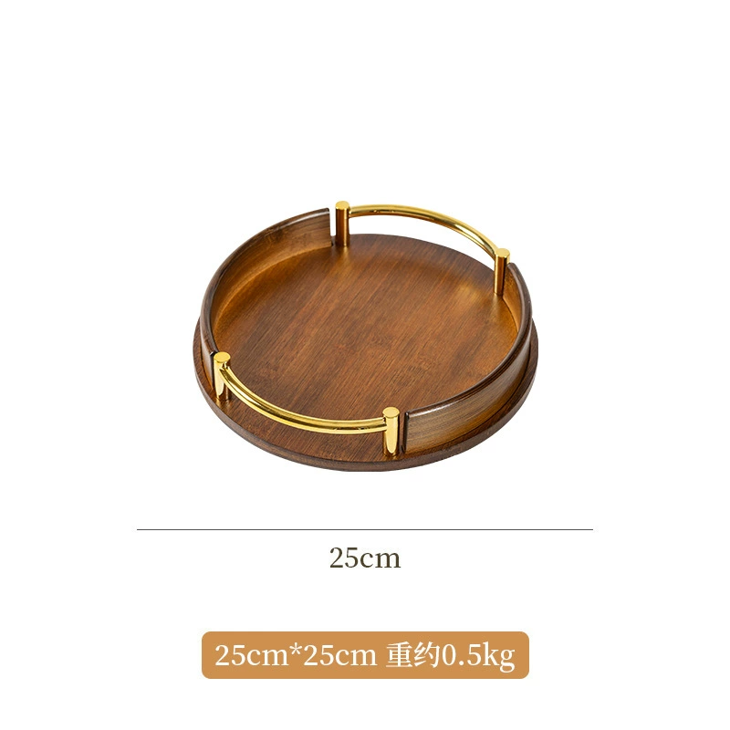 Bamboo serving tray, round with handles, wood‑tone finish, 25/30/35 cm