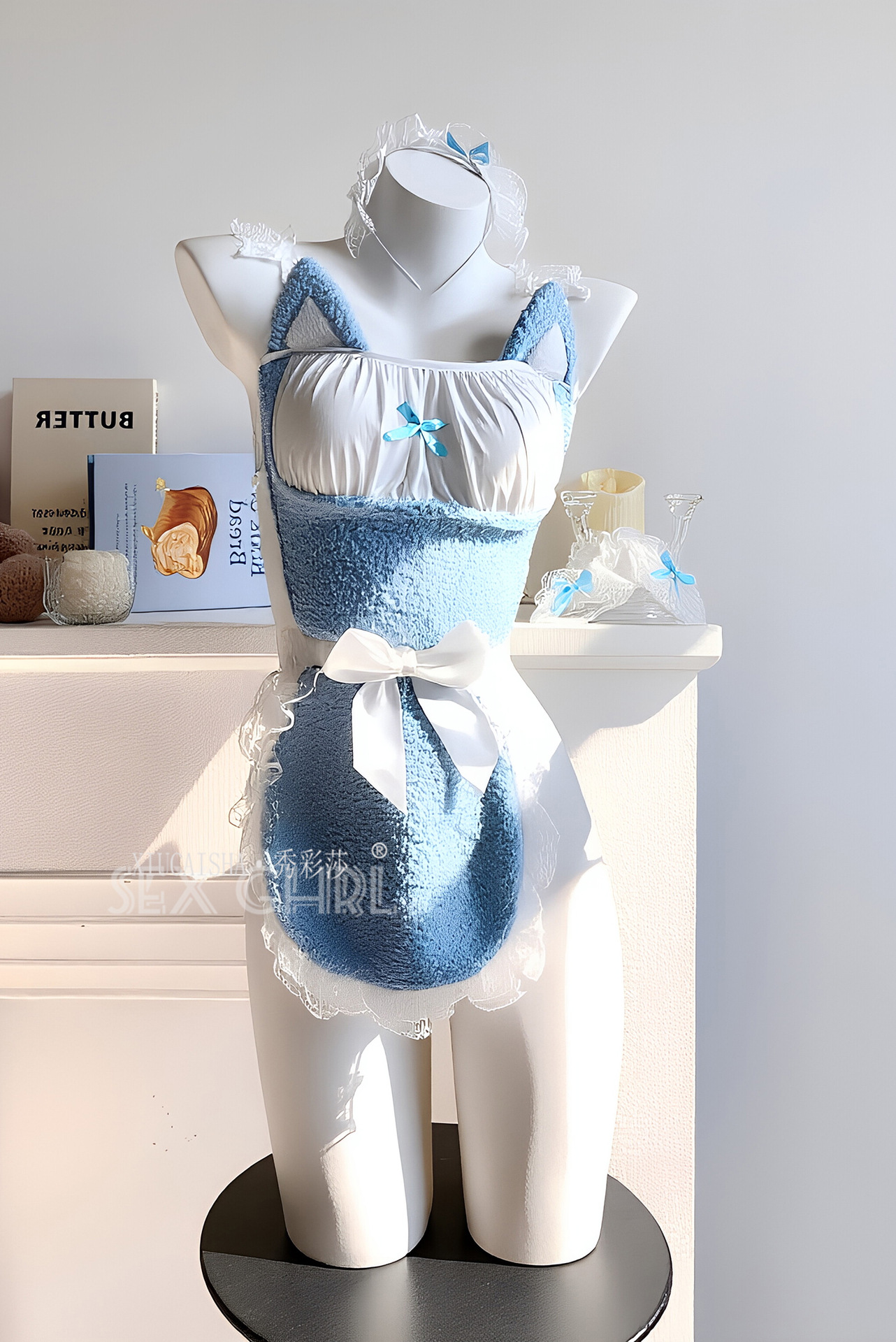 Plus-Size Cat Girl Cosplay Uniform Set with Blue Plush Bow and Stockings — detail image 8