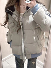 韩版设计感条纹撞色拼接灰色棒球服棉衣女冬季新款学生棉服外套潮