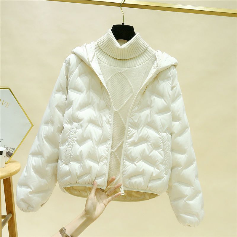 Lightweight down Jacket for Women, Short Style, Petite, New Embossed Hooded Winter White Duck down Warm Slimming Coat