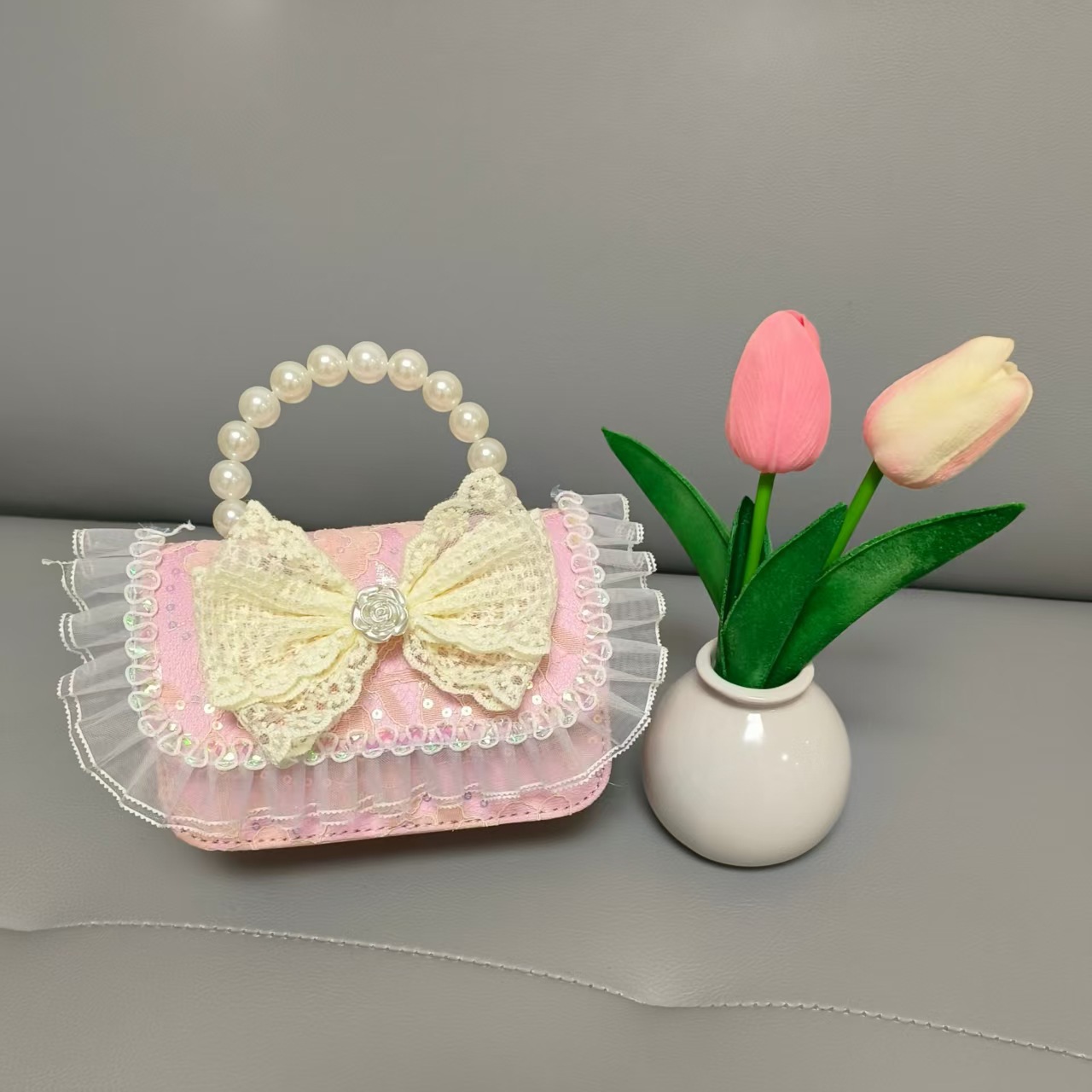 Bolso de princesa portátil de perlas, arco de encaje, bolso de hombro, bolso de cadena, bolso de cambio de Año Nuevo.