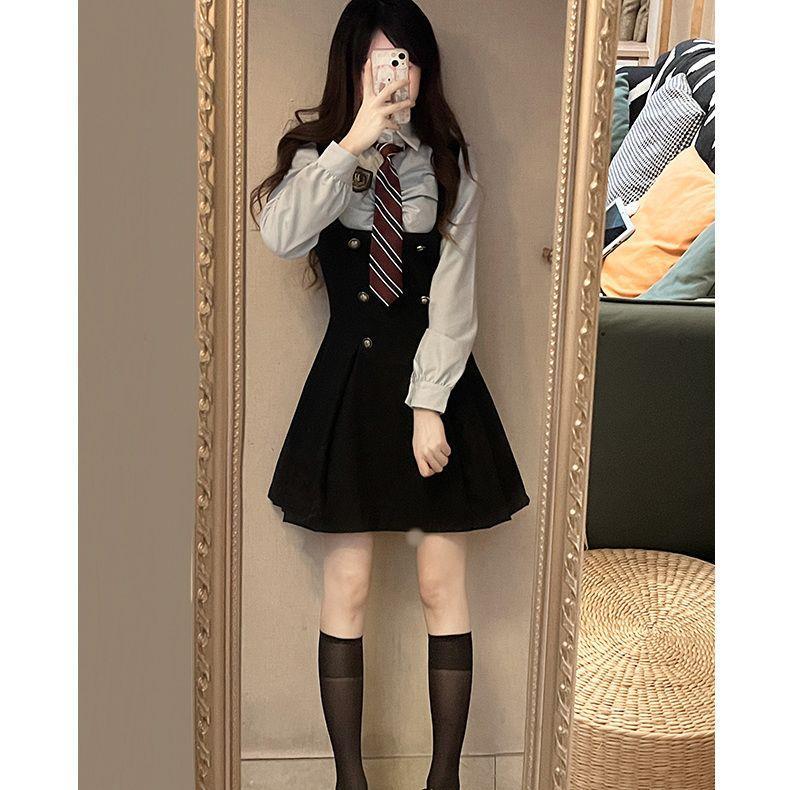 RUODIE COLLEGE 스타일 원피스 유니폼 가을 및 겨울 미국 세트 장난스럽고 활기찬 캠퍼스 원피스 왕실 자매 스트랩 원피스 하이