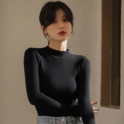 Long-sleeved turtleneck knit top, unisex, pure color, Korean style, semi-high collar, slim fit, women's outerwear.