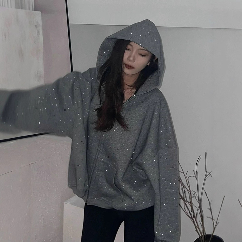 杨幂同款25灰色细闪粉发泡字母休闲宽松加厚连帽拉链卫衣外套女秋|undefined
