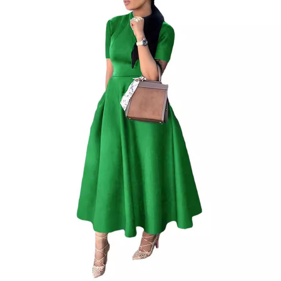 2026 Wish European And American Women's Fashion Round-neck Short-sleeve Elegant Waist-cinching Slimming Party_ecoleips.com