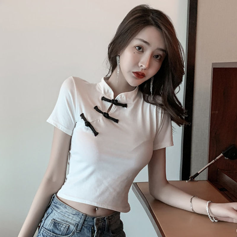 中國風復古盤扣性感短款露臍旗袍上衣修身顯瘦氣質短袖t恤打底衫