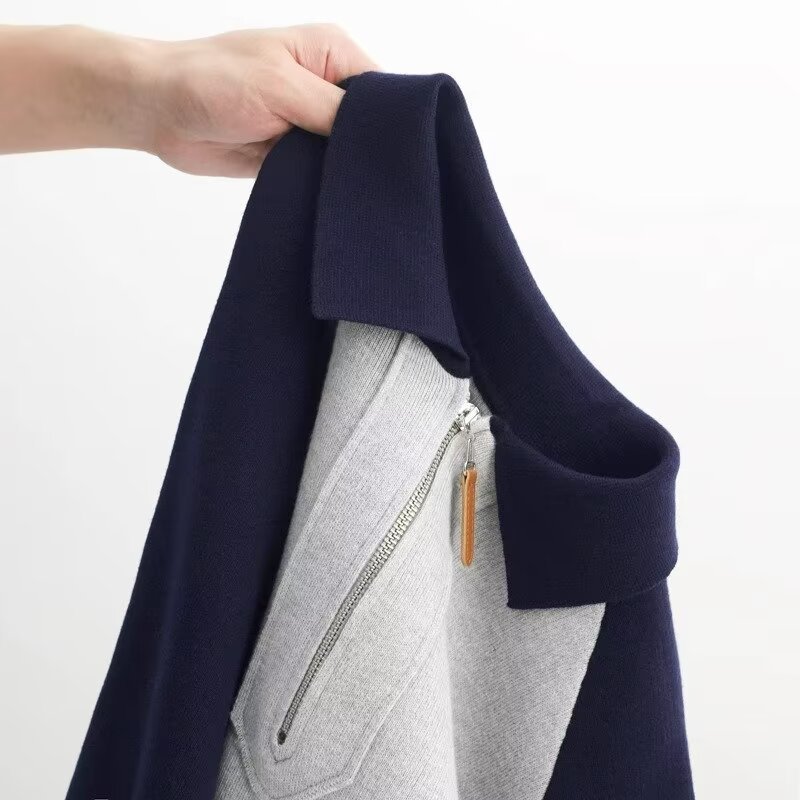 Coreano de contraste de color semia cremallera polo collar pullover casual hombre otoño y invierno nuevo abrigo con solapa