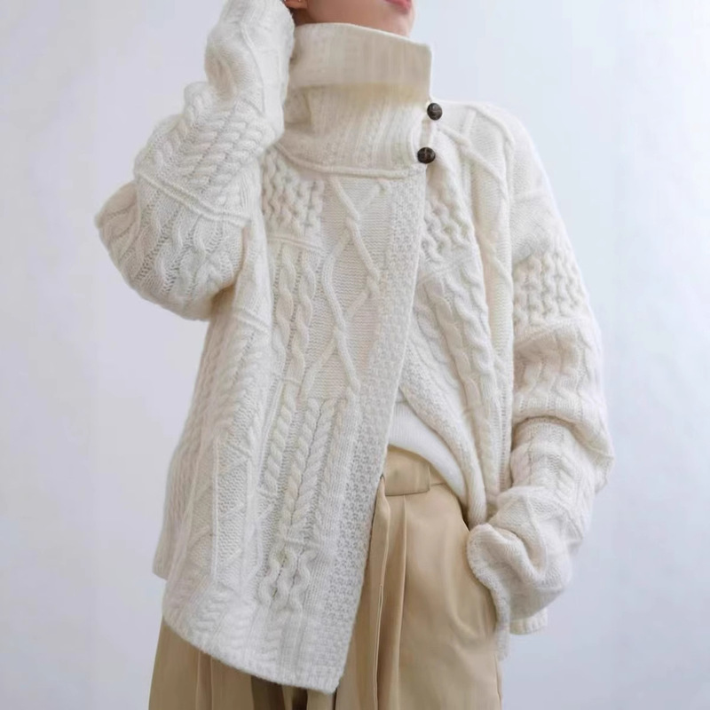 Autumn and Winter Large Lapel 100% Pure Wool Thick Wool Cardigan Women's European Heavy-Duty Cable Thickeneded Turtleneck Sweater Jacket