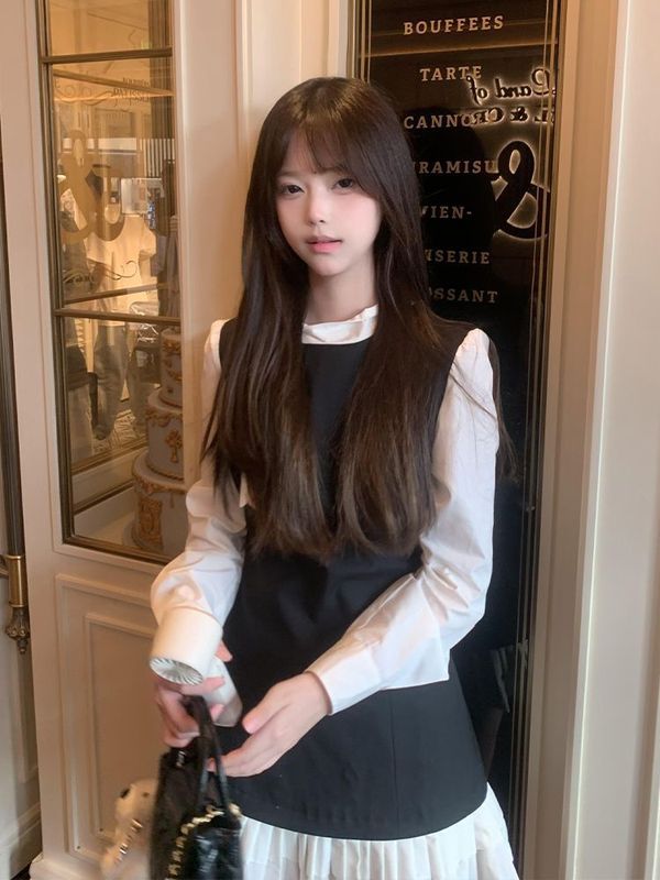 法式系带小香风长袖秋季连衣裙女装千金风假两件衬衫收腰百褶短裙|undefined
