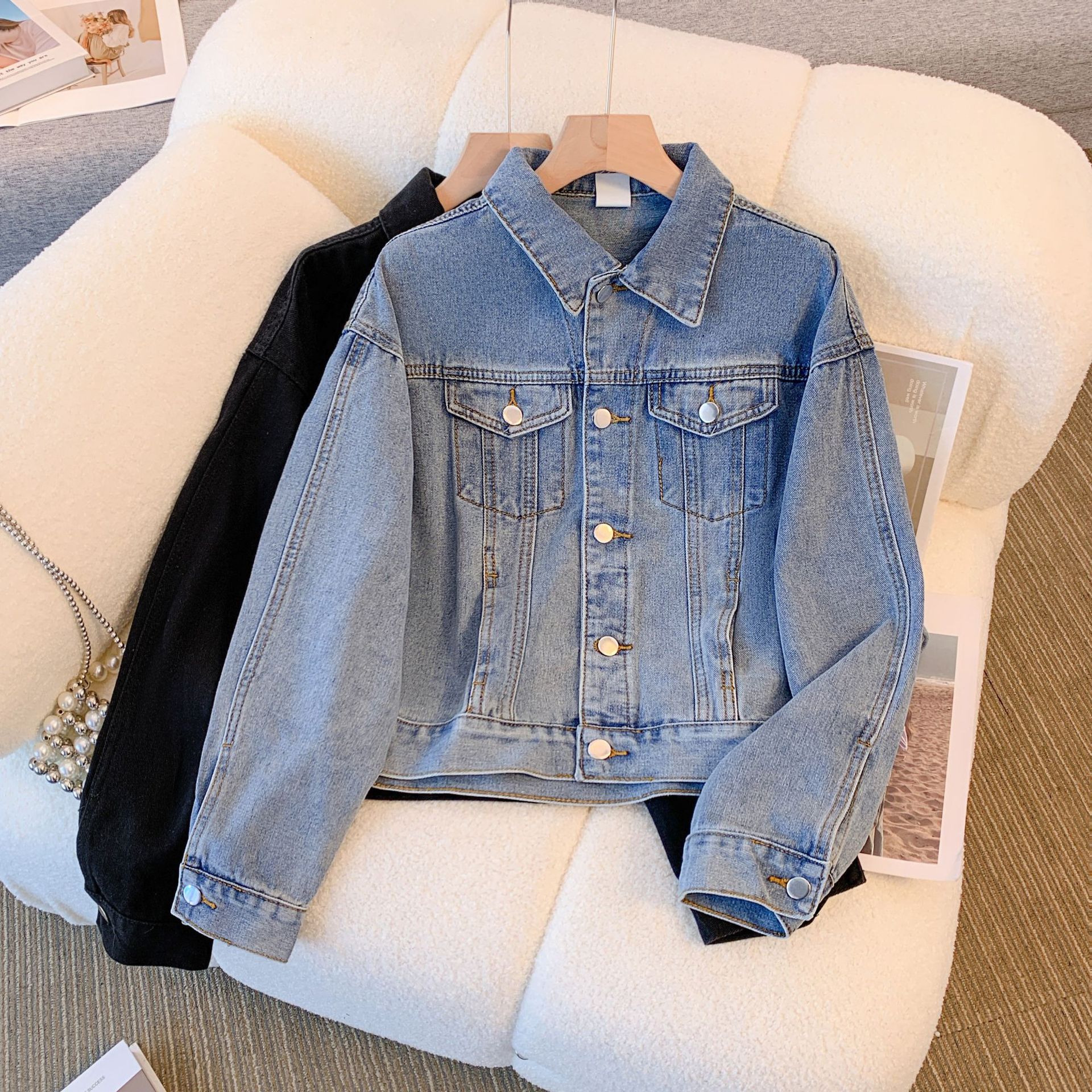 Women’s Vintage Denim Jacket – Classic Indigo & Black Single-Breasted Cardigan Coat (S-2XL)_mkmklike.com