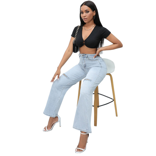 New light-colored women's Cassie turn-up low-waist loose jeans light blue black other