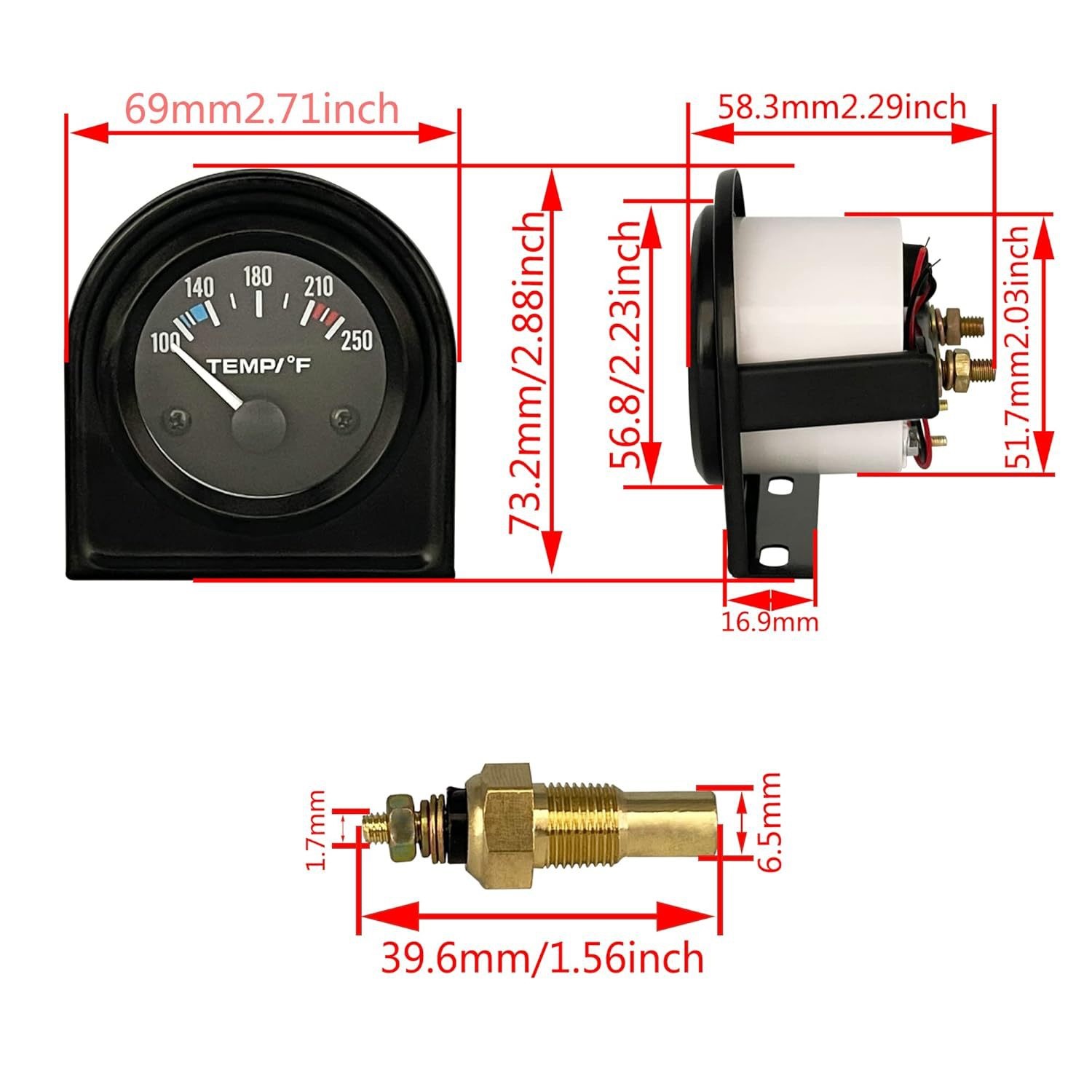 2-inch 52MM 12V black car water temperature gauge modified car instrument Fahrenheit 100-250 with sensor
