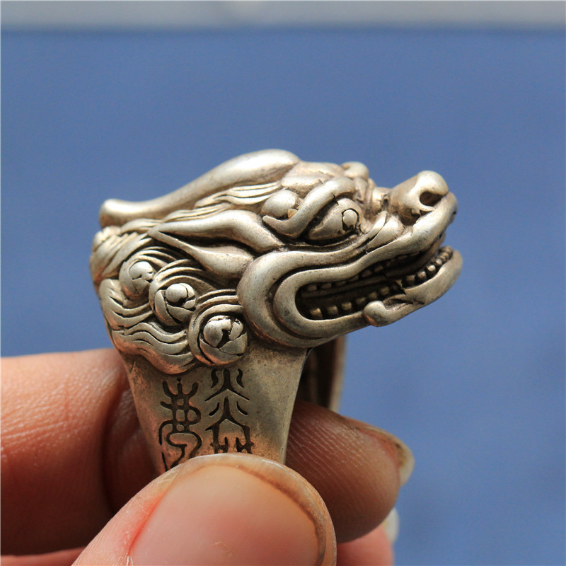 仿古做旧古玩杂项收藏白铜苗银藏银瑞兽戒指工艺品仿古老物件