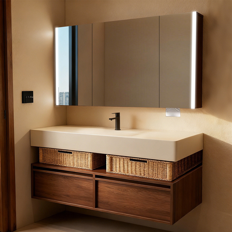 Medieval Style Slate Hot-Bent Integrated Basin Hotel Style Bathroom Cabinet Mojiangshan Multi-Layer Solid Wood Washbasin Cabinet Combination