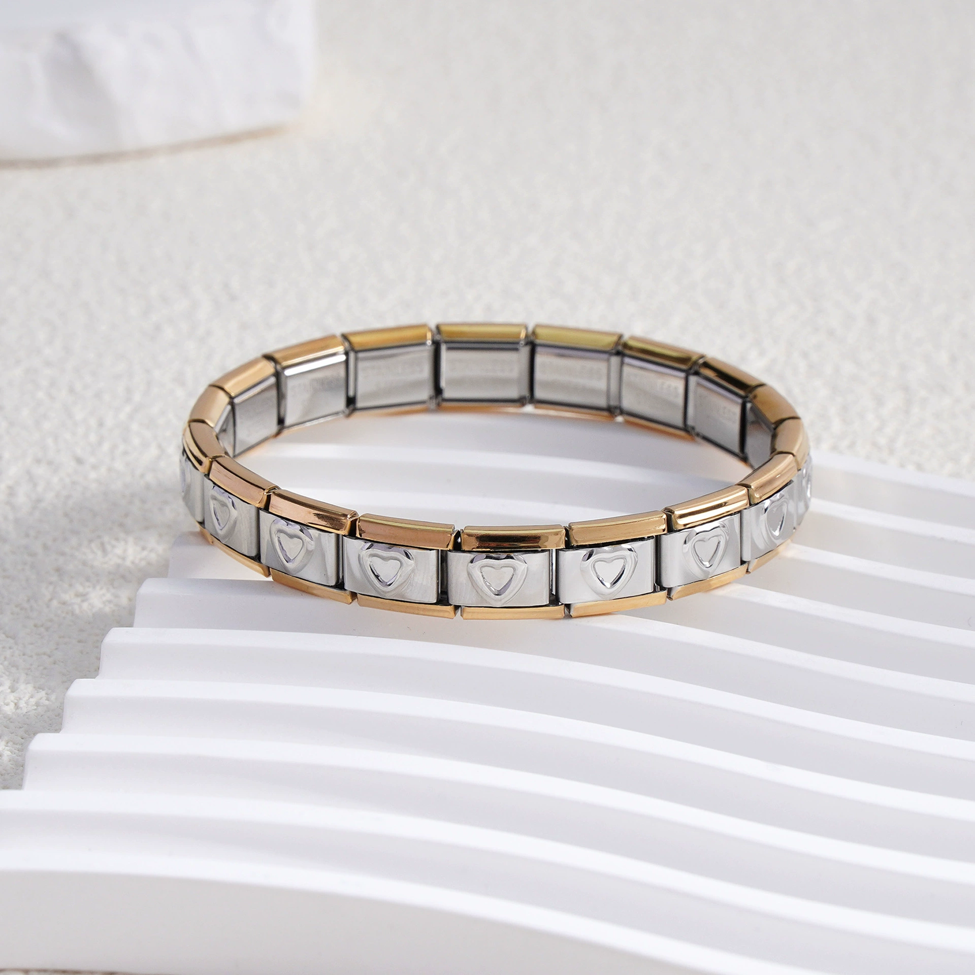 stainless steel bracelet, removable elastic link watch strap, italian european style, assorted charms