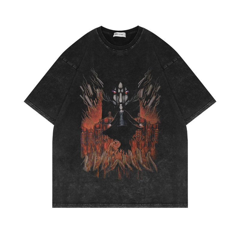 280克重磅水洗做旧复古磨毛短袖T恤进击的巨人动漫美式oversize潮