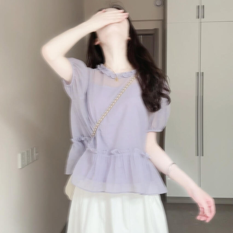 女性のための美しいフレンチ半袖Tシャツ2025年夏の新しいスタイルの小さなハイエンドウエストレースシャツトップ|undefined