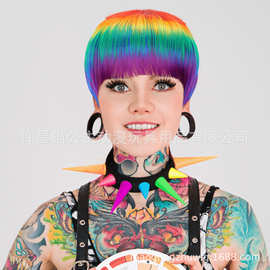 厂家现货 彩虹色渐变短款蘑菇头cosplay假发 非主流波波bobo假发