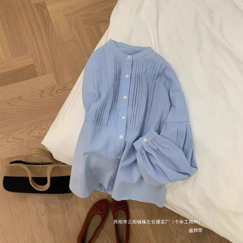 Factory Direct Sale French-Style Lazy Accordion Pleated Shirt for Women, Tuck Pleat Twill Korean Fresh Natural Versatile Long