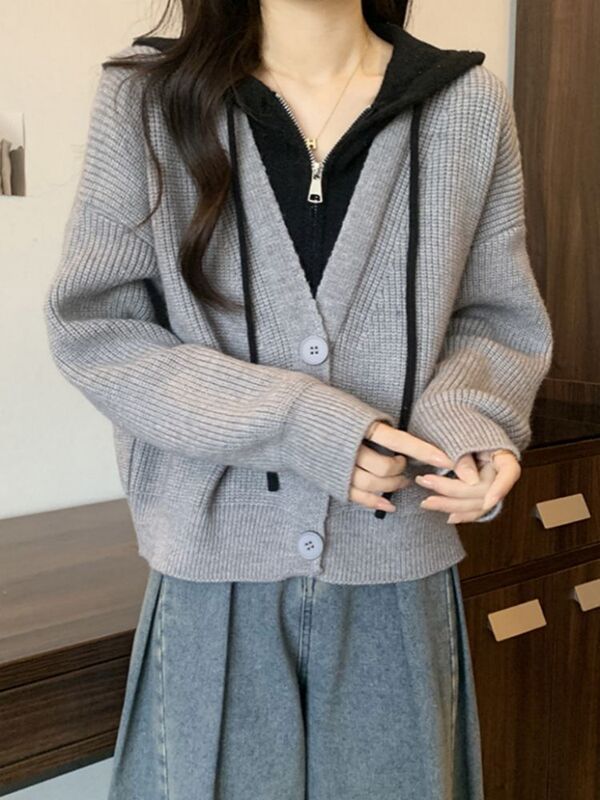 大码假两件短款连帽毛衣外套女秋冬胖mm显瘦遮肚子针织衫开衫上衣|undefined