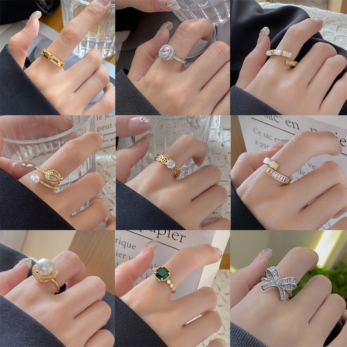 Korean-inspired Instagram-style minimalist exquisite zirconia ring for women, unique design, openable and adjustable finger ring, pearl jewelry.
