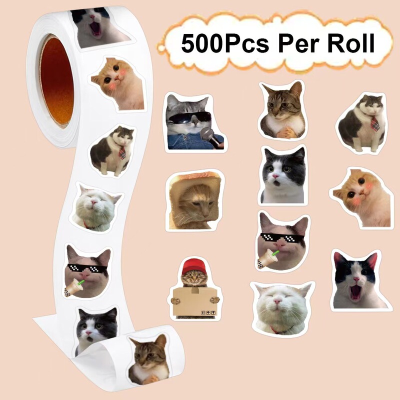 Cross-border Hot Cat Roll Sticker Cute Expression Bag Sticker Envelope Gift Decoration Sealing Tape 500 sheets/roll