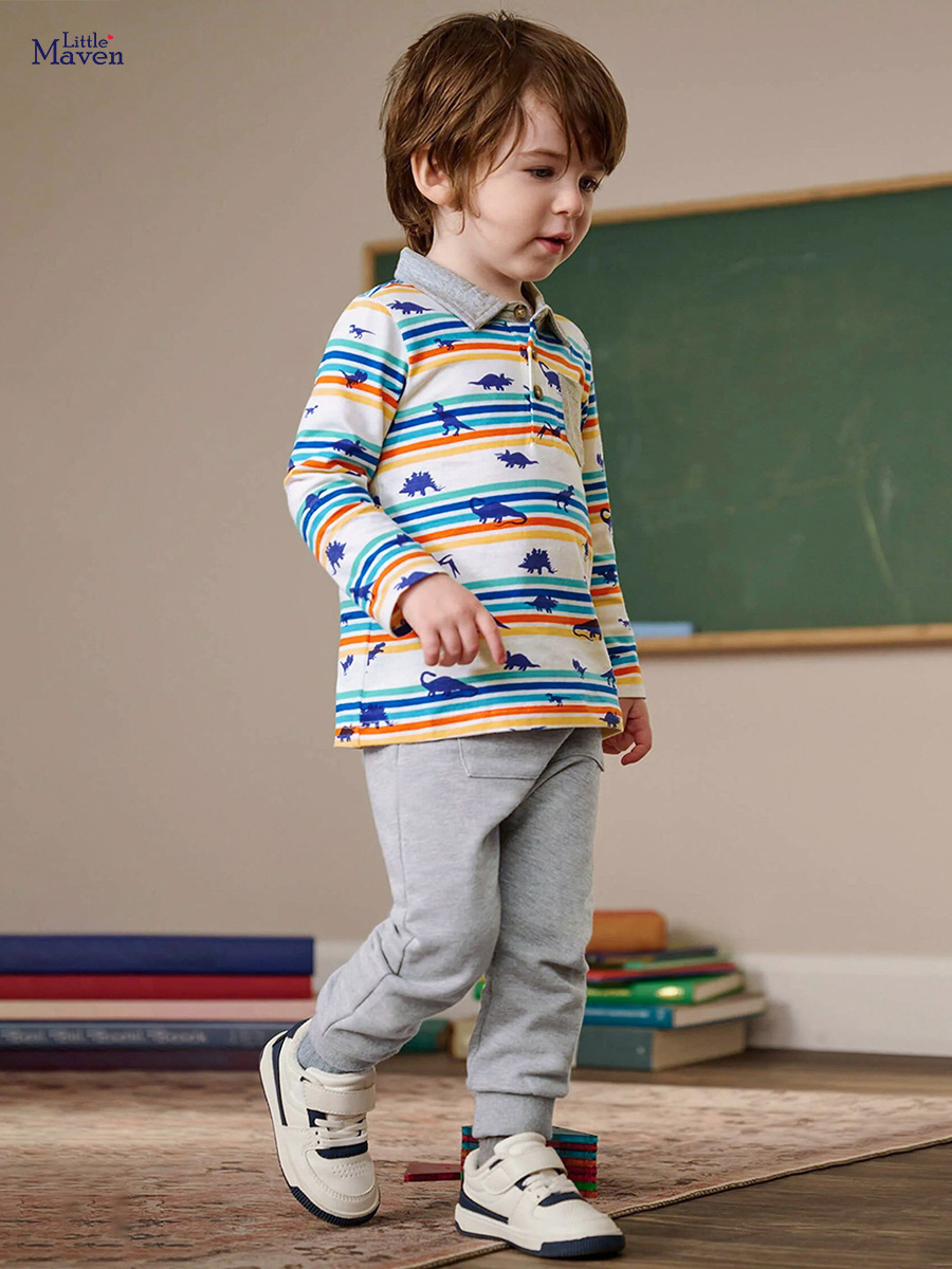 Kids Dinosaur Print Long Sleeve Suit Cotton Gray